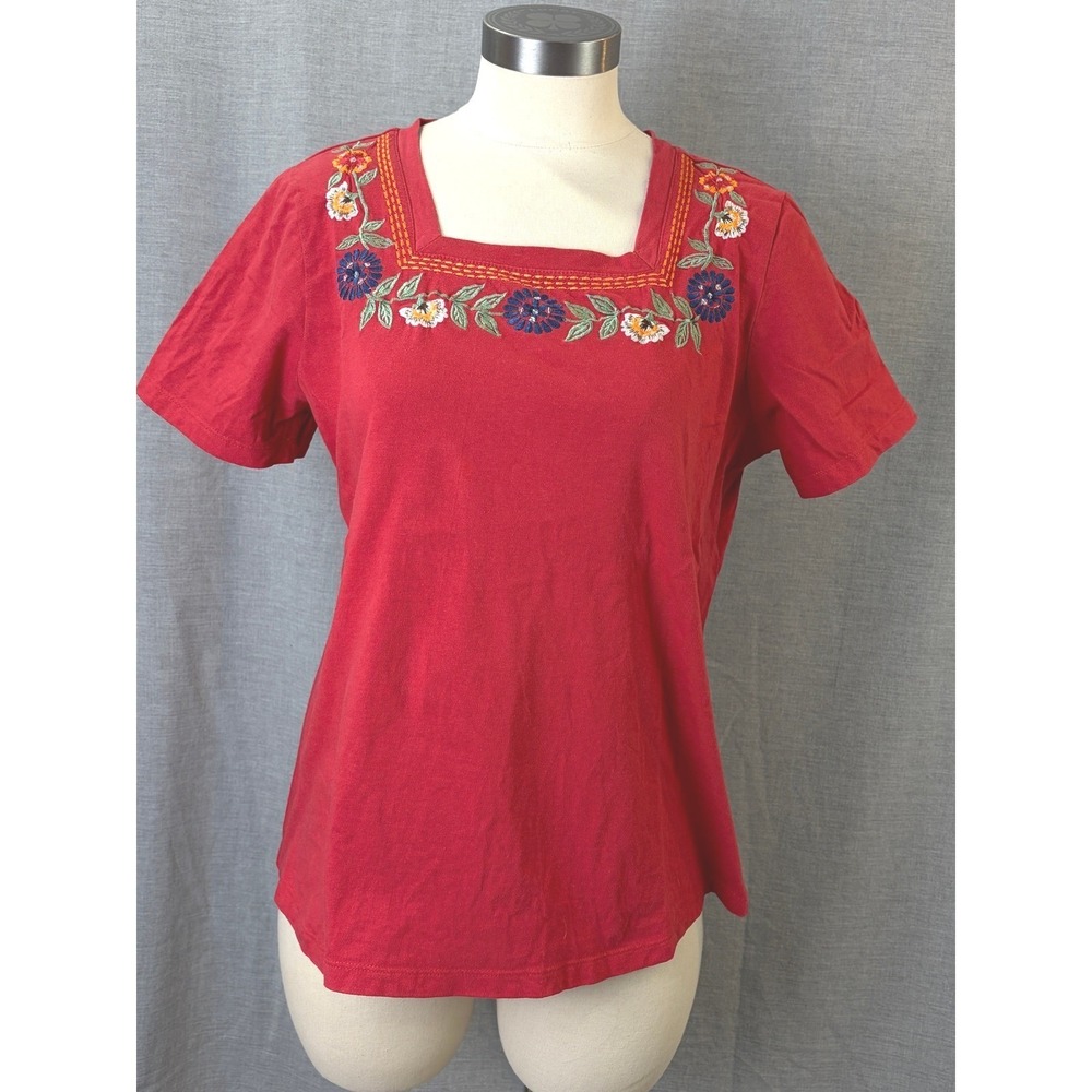 Vermont Country Store Red Embroidered Floral Cotton Top M Square Neck Boho Folk